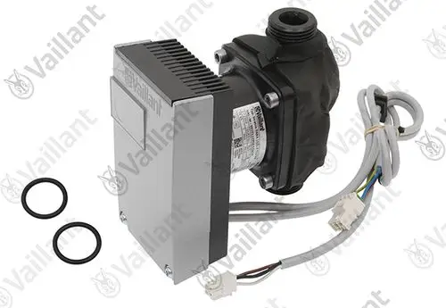 Pumpe von Vaillant mit elektrischer Steuerung, schwarzen Kunststoffgehäuse und Anschlusskabeln. Enthält zwei O-Ringe.